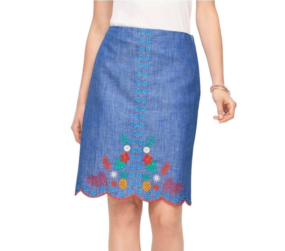 Talbots Plus Size 18W Embroidered Scalloped Chambray Skirt
